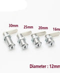 Four mini cam locks with varying sizes from 16mm to 30mm, featuring zinc alloy construction for cabinets and drawers.