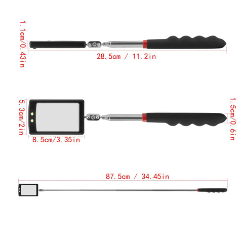 Pro Grade Telescoping Inspection Mirror With Dual LED Lights, 34 Inch Extendable Reach And 360 Degree Swivel, side view