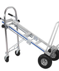 Heavy Duty 2 In 1 Convertible Hand Truck And Folding Platform Cart With Tri Wheel Setup For Effortless Stair Climbing Solid Aluminum Build, shown in upright position.