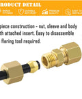 Brass compression fittings set, side view showing nut, ferrule and sleeve on tubing (1/8–1/2 in).