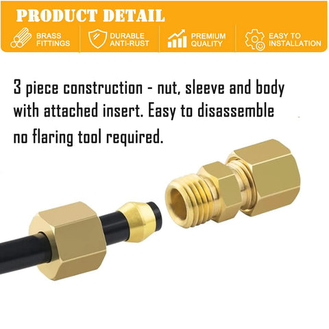 Brass compression fittings set, side view showing nut, ferrule and sleeve on tubing (1/8–1/2 in).