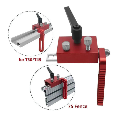 Precision Adjustable Fence Flip Stop With Miter Track Stop And Heavy Duty Aluminum T Slot Stop for T30/T45 track, detailed view.