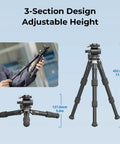 Pro Grade Carbon Fiber Tabletop Tripod Kit With 17 Inch Compact Desktop Design Built In Arca QR Plate shown extended and folded