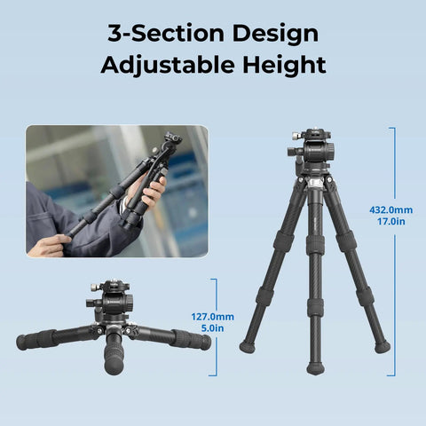 Pro Grade Carbon Fiber Tabletop Tripod Kit With 17 Inch Compact Desktop Design Built In Arca QR Plate shown extended and folded