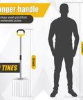 50 Inch Stainless Steel Garden Pitchfork With 10 Tine Head shown beside human silhouette for scale