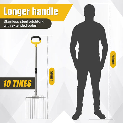 50 Inch Stainless Steel Garden Pitchfork With 10 Tine Head shown beside human silhouette for scale