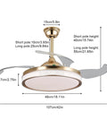 Semokia Ceiling Fan Light with Remote Gold Fan for Bedroom Living Room showing dimensions and design details.
