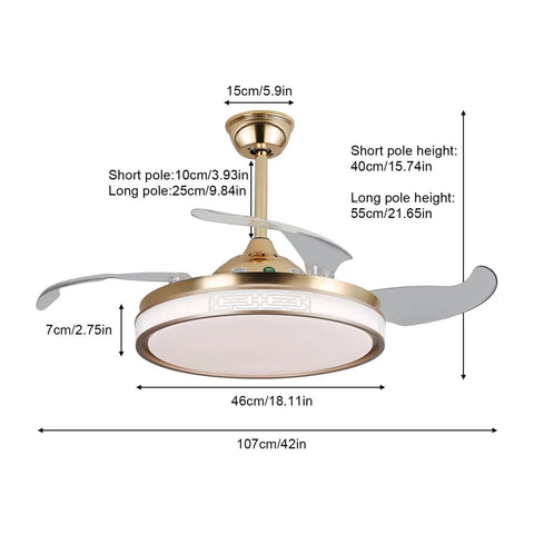 Semokia Ceiling Fan Light with Remote Gold Fan for Bedroom Living Room showing dimensions and design details.