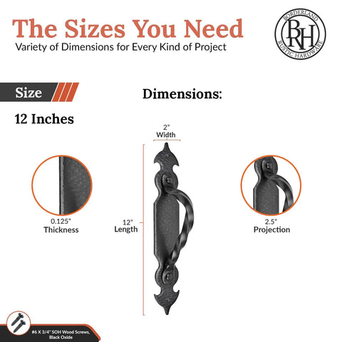 Two Pack 12 Inch Black Door Handle Set Built Tough For Sliding Barn Doors And Gates Rustic Iron Pulls Ideal For Farmhouse Decor Cabinets And Furniture Renovations shown with dimensions.