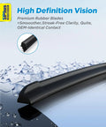 Premium All Weather Windshield Wiper Blades Compatible With Nissan Altima Rogue Sentra Versa Pathfinder Durable Natural Rubber Design showing close-up of blade with water droplets.