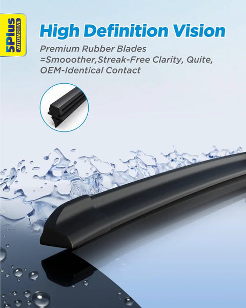 Premium All Weather Windshield Wiper Blades Compatible With Nissan Altima Rogue Sentra Versa Pathfinder Durable Natural Rubber Design showing close-up of blade with water droplets.