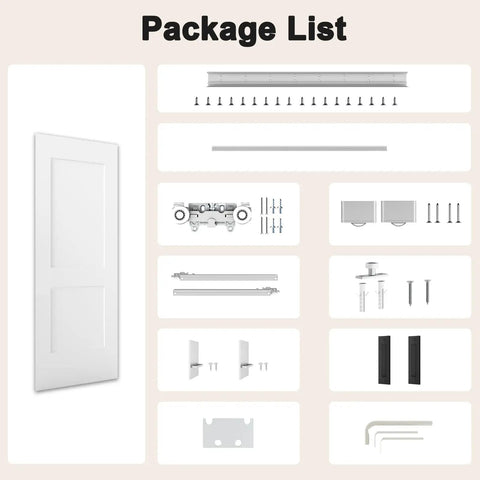 Package contents for Kick Back Those Old Hinges With This Seamless Concealed Sliding Barn Door 30 By 84 Inches hardware kit.
