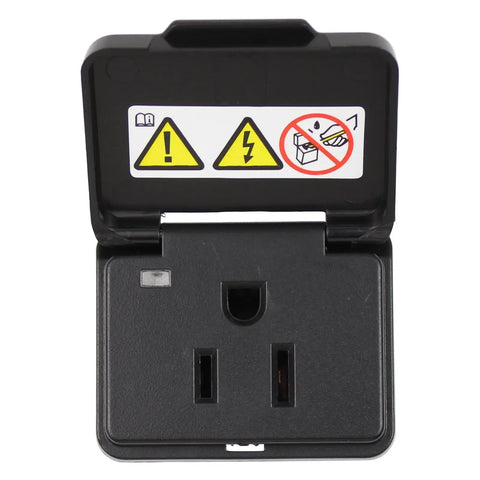 Heavy Duty Inverter Power Outlet Plug with safety warning labels, designed for easy console installation in vehicles.