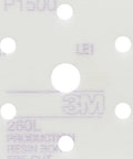 Close-up of Hookit Finishing Film Abrasive Disc 260L P800 Aluminum Oxide Pro Grade, showing 6-hole design for dust control.