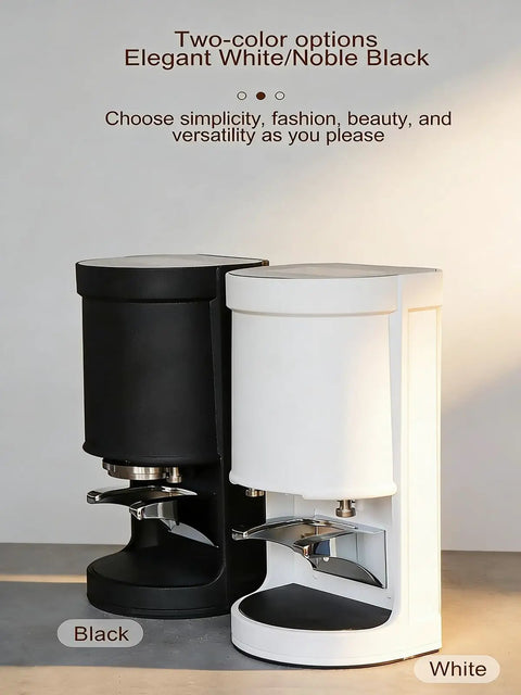 Hassle Free Automatic Coffee Tamper Machine Designed For Home Baristas Featuring Adjustable Pressure Settings Smooth Stainless Steel Build And Dead Simple Operation For Perfect Espresso Shots Daily in white and black colors, showcasing sleek design.