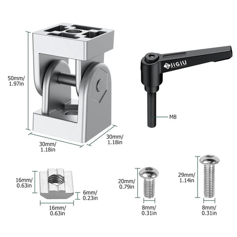 2 Pcs Die Cast Zinc Alloy Pivot Joint Connectors For 3030 Aluminum Extrusion Profiles and Lever, with dimensions