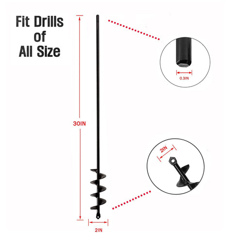 Garden Auger Drill Bit 2 Inch By 30 Inch Upgraded Spiral Hole Digger For Planters And Beds with hex drive details