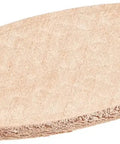 Close-up of a single Dope Number 20 Wood Biscuit from 100 pack for furniture cabinets, compressed hardwood expands with water glue.