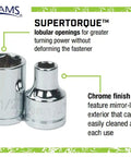 20-Piece Three Eighth Inch Drive Metric Shallow 6 Point Socket Set With SUPERTORQUE Lobular Openings, chrome mirror finish