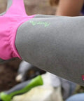 Side view of Rose Pruning Gardening Gloves For Women With Long Sleeve Cuff, Thorn Resistant, Padded Palm, Pink and grey color.