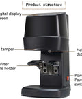 No Sweat Automatic Electric Coffee Tamper With Self Cleaning Stand features digital display, metal detector, and portafilter holder.
