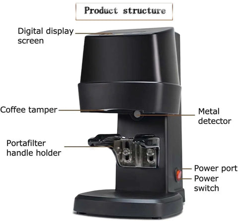 No Sweat Automatic Electric Coffee Tamper With Self Cleaning Stand features digital display, metal detector, and portafilter holder.