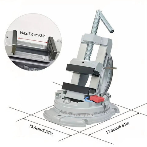 Heavy Duty Drill Press Vise With 0 To 90 Degree Tilt And 360 Degree Swivel Base, 3 Inch Jaws For Precision Metalworking, Ideal Milling And Drilling Fixture With Aluminum Body, Angled, Secure Workholding For DIY And Pros; angled view with 3 in jaws