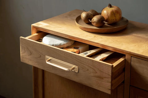 Champagne Bronze Cabinet Pulls With Bead Edge Backplates, 5 Inch Hole Centers, Solid Zinc Alloy Construction on wooden drawer