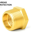 Brass hex bushing fitting from 12-piece kit, featuring corrosion-resistant brass for plumbing and hydraulic lines.