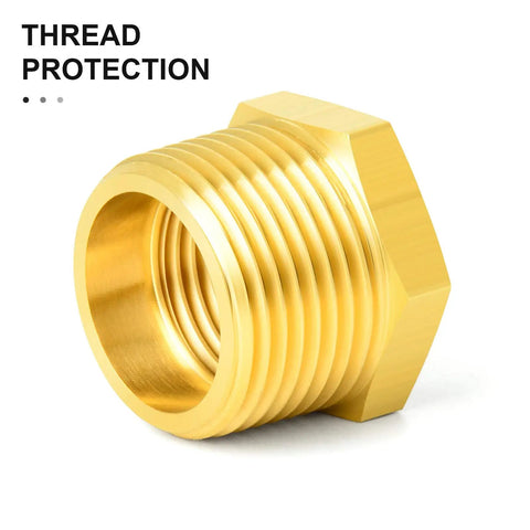 Brass hex bushing fitting from 12-piece kit, featuring corrosion-resistant brass for plumbing and hydraulic lines.