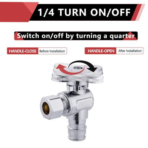 10 Pack Pex A Angle Stop Valve Set For Quick No Sweat Install 1/4 Turn On Off 3/8 Inch OD Compression Chrome Plated Valve