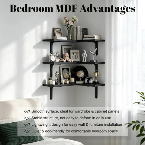 Heavy Duty 3 Tier Engineered Wood Storage Shelf And Display Rack For Kitchen Bedroom And Desk Space Saving Corner Wall Mounted Floating Organizer With Reinforced Metal Brackets showcasing decor items in a bedroom setting.