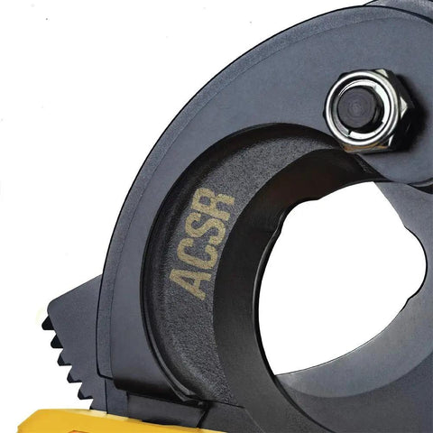 Close-up of 20V Max Cordless ACSR Cable Cutter Kit With Heavy Duty Guillotine Design showing ACSR markings and cutting blade.