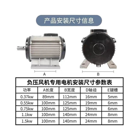 Industrial Electric Fan Motor 1.1KW 380V Three Phase YSF90-4 dimensions chart and specifications for HVAC systems.