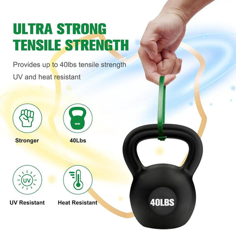 Hand holding 40lbs kettlebell highlighting ultra strong tensile strength, UV and heat resistance for Heavy Duty Zip Ties Set 4 8 12 Inch Premium Nylon Cable Ties 100 Lb Tensile Self Locking UV Resistant For Indoor Outdoor Use In Office Garden And Workshop 150 Pack.