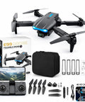 E99 Pro RC Drone With Dual Cameras and WiFi FPV, Foldable, Brushless Motors For Smooth, Stable Flights, accessories displayed
