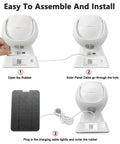 Installation steps for 2K Solar Powered Outdoor Security Camera With Pan Tilt Zoom, showing cables and rubber seal.