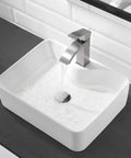White Rectangle Ceramic Vessel Sink Combo With Stainless Steel Faucet And Chrome Pop Up Drain For Modern Vanity Dope Sleek 19x15 Inch Porcelain Art Basin Premium Glazed Ceramic Bathroom Sink view from above, water flowing.