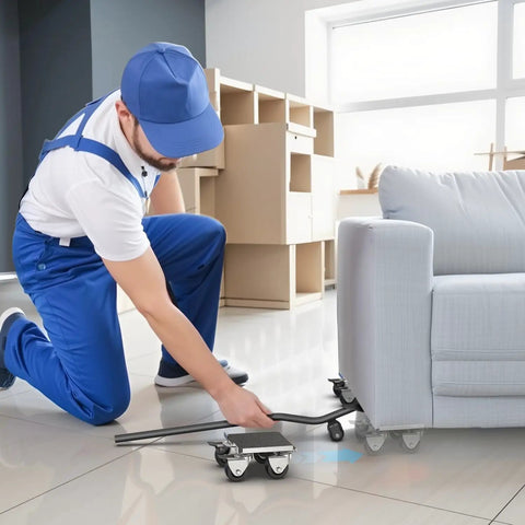 Worker using Heavy Duty Furniture Moving Dolly With Reinforced Steel Panel 360 Degree Swivel And Top Brake With Wheels Set Of 4 Lifting Tool Up To 3000 Lbs For Appliances Sofas Fridges And Washing Machines to move a sofa on tile.