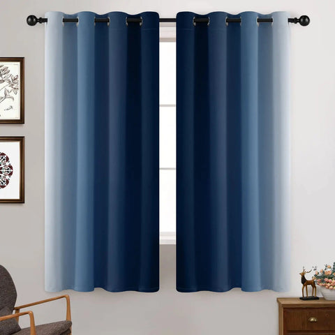 Blue and Gray Ombre Curtain Panels 63 Inch Length Two Pack, Room Darkening Gradient Window Drapes for Bedroom and Living Room