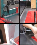 Heavy Duty Woodworking Tenoning Machine Desktop Drilling Jig For Dead On Alignment Square Table Saw Fixture in use, aligning wood.