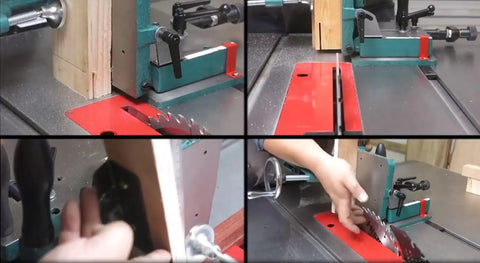 Heavy Duty Woodworking Tenoning Machine Desktop Drilling Jig For Dead On Alignment Square Table Saw Fixture in use, aligning wood.