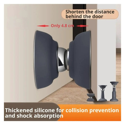 Silicone Magnetic Door Stopper That Holds Strong And Silent With Anti Collision Features For A Quiet Home Setup Gray Color mounted behind door.