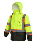 Kickass High Visibility Safety Rain Jacket For Men And Women With Breathable Mesh Lining And Full Reflective Strips Lightweight Waterproof Work Gear Tough As Nails Protection - front view, neon yellow with reflective stripes.