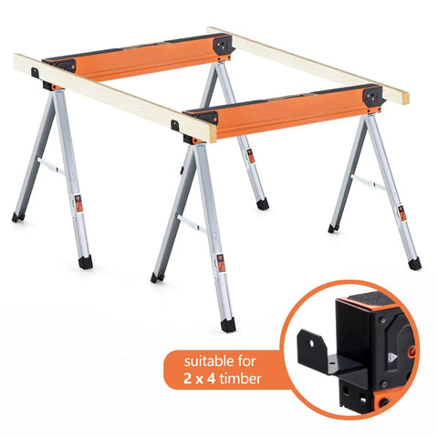 Two Pack Portable Collapsible Saw Horses With Detachable 2x4 Support Arm, Heavy Duty Workhorse Stands For Woodworking, silver legs