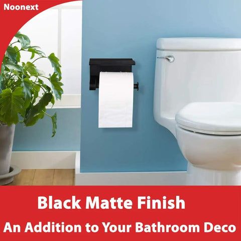 Adhesive Stainless Steel Toilet Paper Holder With Shelf No Drilling Matte Black Mega Roll Dispenser in bathroom