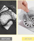 Ditch Stubborn Hair Clogs With These Toss And Go Shower Drain Covers Zero Plumbing Drama Just Stick The Square Mesh Hair Catcher On Any Bath Drain Then Toss It To Keep Water Flowing Smooth Daily, before and after showing hair catchers in action.
