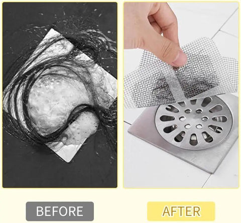 Ditch Stubborn Hair Clogs With These Toss And Go Shower Drain Covers Zero Plumbing Drama Just Stick The Square Mesh Hair Catcher On Any Bath Drain Then Toss It To Keep Water Flowing Smooth Daily, before and after showing hair catchers in action.