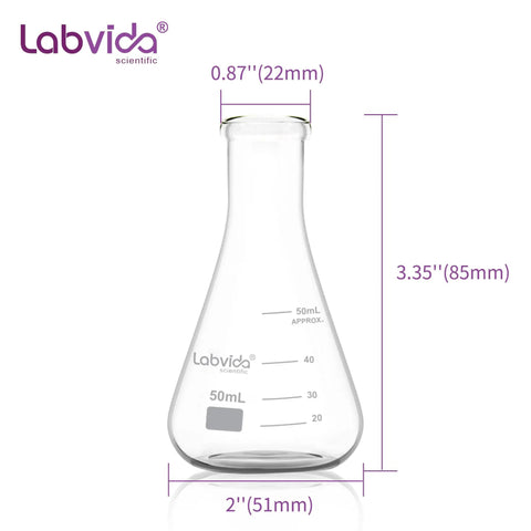 4 Piece Narrow Mouth Glass Erlenmeyer Flask Shot Glass Set, 50ml Each, 3.3 Borosilicate Glass With Printed Graduation, Built Tough