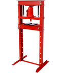 Top Shelf 20 Ton Hydraulic Shop Press With Rock Hard H Frame Floor Base Built For Ridiculous Auto Repair Grind Bearing Inserts Pulley Swaps And U Joint Pressing In Vivid Red, close up of hydraulic press structure.